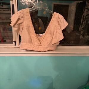 Zara Beige V-Neck Blouse with Lace Trim